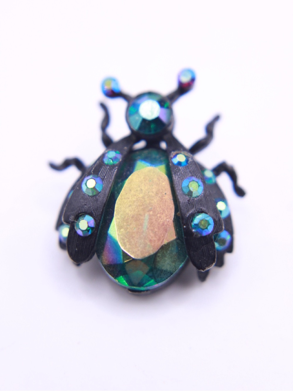 Vintage signed STAR Rare Iridescent Green Crystal Bug Brooch